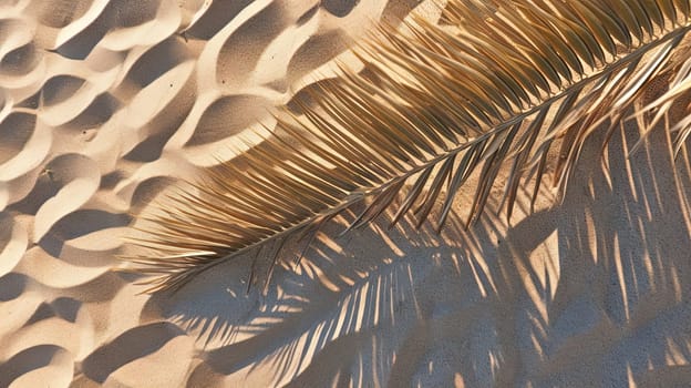 Plam leaves on the tropical beach sand background. Vacation and relaxation concept with dry palm leaves on the hot summer beach. Generated AI