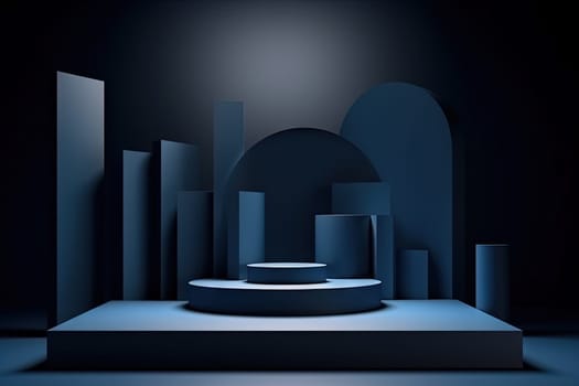 Dark blue pedestal in black room with geometric shapes. Podium for product showcase. Generated AI
