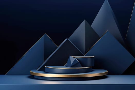 Dark blue pedestal in black room with geometric shapes. Podium for product showcase. Generated AI