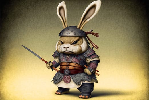 Rabbit samurai in traditional drawing style. Japanese styled art with hare warrior in kimono. Generated AI