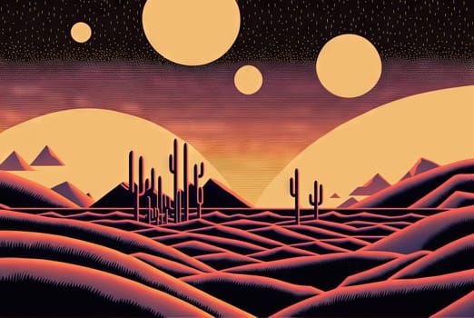 Retro styled sci-fi landscape with mountains. Retro futuristic science fiction illustration in drawing style with alien sun. Generated AI