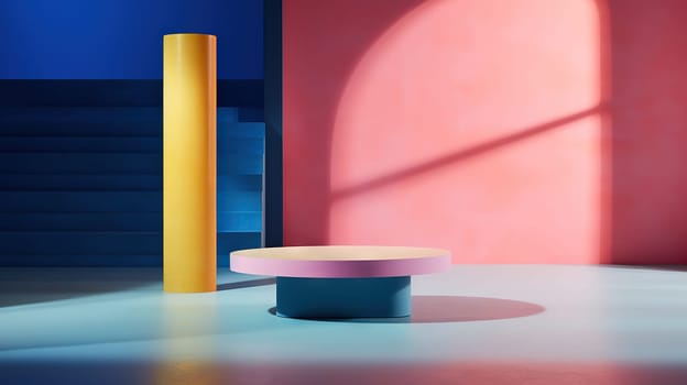 Pedestal in colorful room with shadows on the wall. Rich colored podium scene for product display. Generated AI