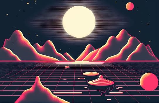 Retro styled sci-fi landscape with mountains. Retro futuristic science fiction illustration in drawing style with alien sun. Generated AI
