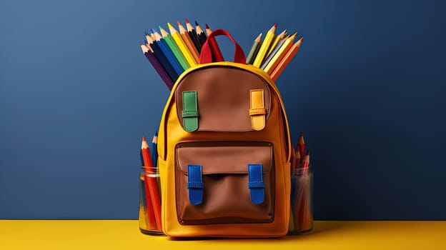 School backpack with colorful learning supplies. Back to school concept. Generated AI