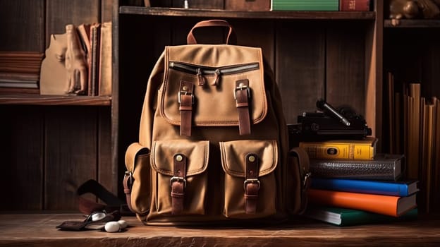 School backpack with colorful learning supplies. Back to school concept. Generated AI