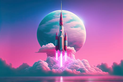Rocket launch in the clouds and flames. Space ship taking off, starting the flight. Generative AI
