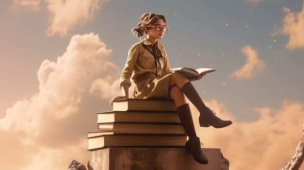 Schoolgirl reads the book in the sky, flying in her dreams and fantasies. Learning concept with little girl in the world of education. Generated AI