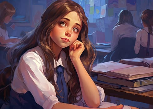 Young girl sits in a school classroom, surrounded by her peers. Drawn schoolgirl studying at a table in a classroom. Generated AI