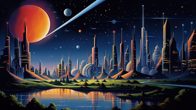 Retro futuristic city in the old school sci-fi art scene. Retro space landscape with city. Generated AI