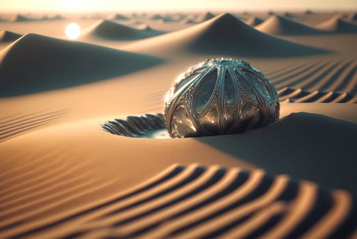 Abstract fantasy shell on the beach. Surreal seashell on the alien planet landscape. Generated AI