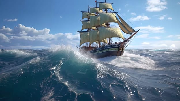Ship in the stormy sea with huge waves. Giant stormy waves in the ocean and boat. Generated AI