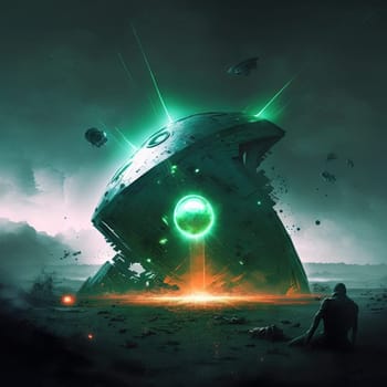 Spaceship crash landing during the battle with laser rays. Alien spacecraft with laser splashes. Generated AI