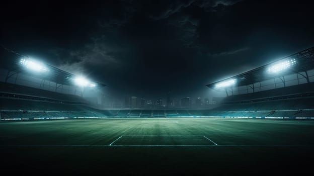 Illuminated stadium with green grass in the evening before the sport game championship. Generated AI