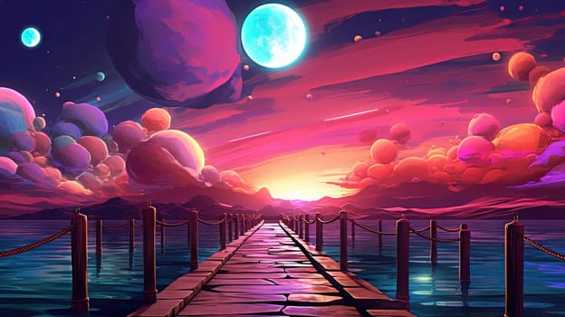 Synthwave styled pier, a bridge to the horizon in purple and blue lights. Generated AI