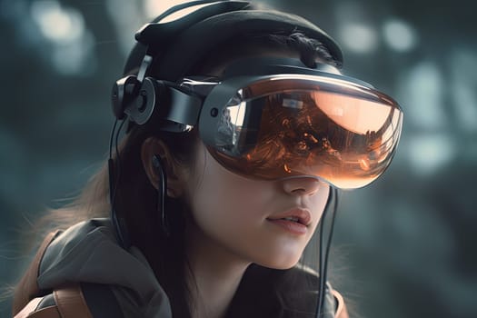 AR glasses technology concept with transparent goggles. Augmented reality futuristic immersive experience. Generated AI