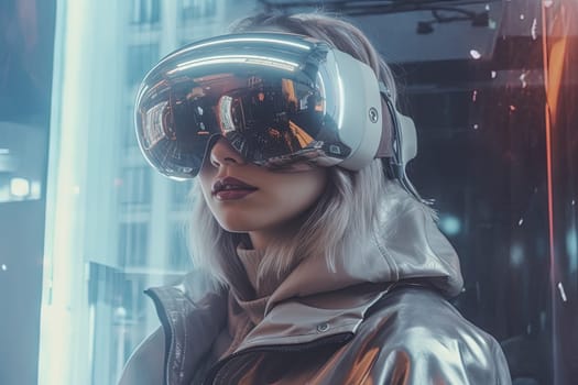 VR goggles technology concept with wearable glasses device. Virtual reality futuristic immersive experience. Generated AI