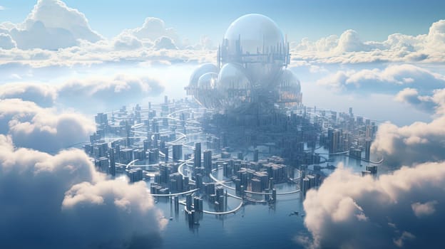 Concept of a digital city with cloud connections. Futuristic network in the clouds. Generated AI