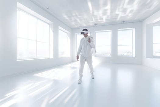 VR goggles technology concept with a person wearing virtual reality glasses device in white room. Generated AI