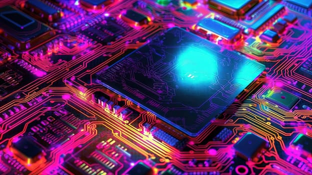 Motherboard with chips and connections in purple and blue neon lights. Technology background with microchips on hardware circuitboard. Generated AI