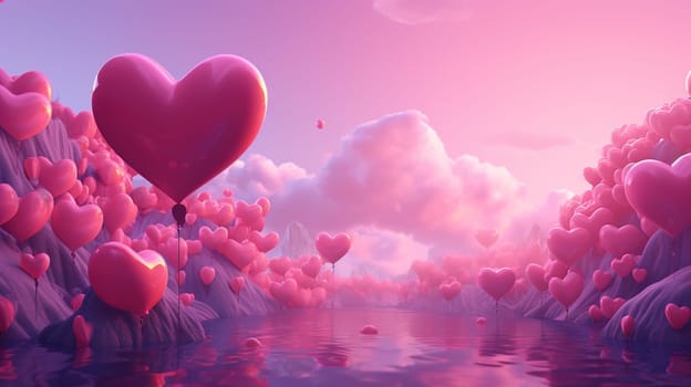 Valentine Day greeting card with surreal romantic landscape full of hearts. Generated AI