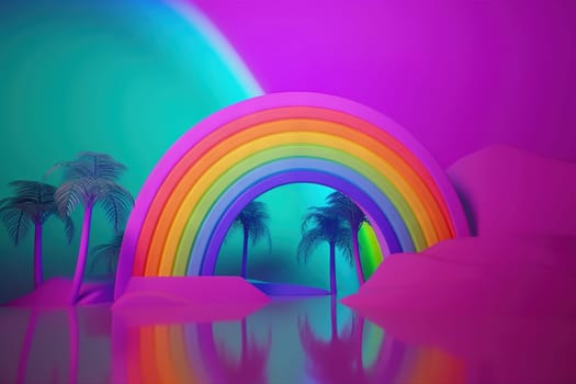 Palm trees and rainbow 80s landscape in vaporwave style. Retrowave vacation background with tropical sunset and palms. Generated AI