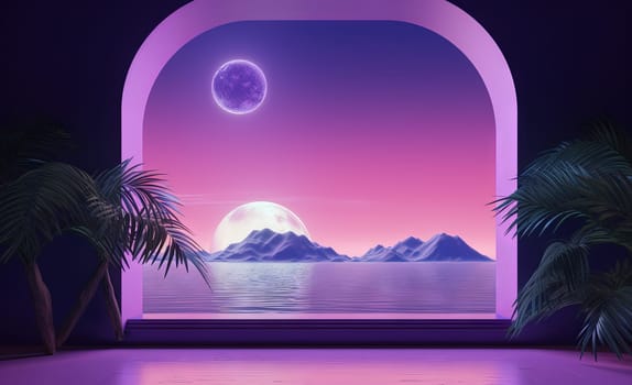 Open window with tropical landscape and ocean in vaporwave style. Purple sundown in 90s style room, vacation calmness frame. Generated AI