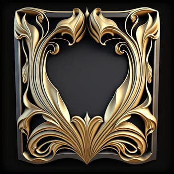 Golden ornamental art deco frame on black bakcground. Retro golden art deco or art nouveu frame with vintage ornament. Generative AI