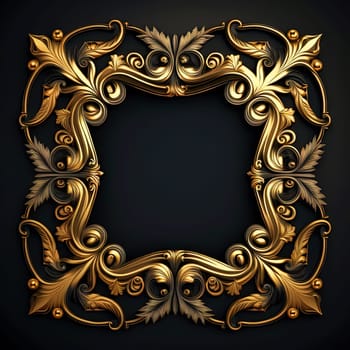 Golden ornamental frame on black bakcground. Retro golden frame with vintage ornament. Generative AI