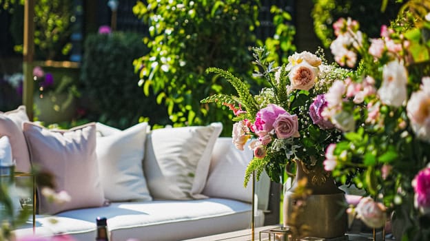 Summer party celebration in the garden, outdoor lounge and countryside house patio decor, English country cottage house design idea