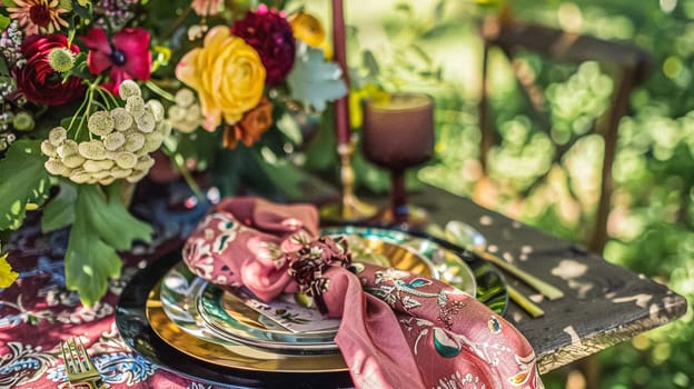 Table decor in a summer garden, holiday tablescape and dinner table setting, formal event decoration for wedding, family celebration, English country and home styling idea