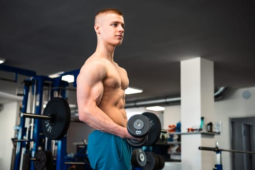 Young man lifting dumbbells with biceps during a workout session at the gym