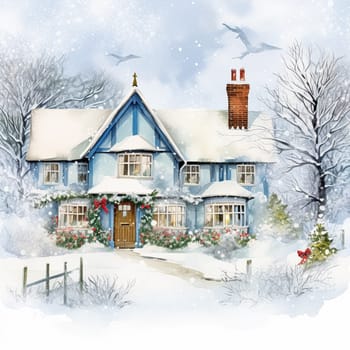 Merry Christmas and Happy Holidays, watercolour printable art print, English countryside cottage as snow winter holiday Christmas card, thank you and diy greeting card design, country style idea