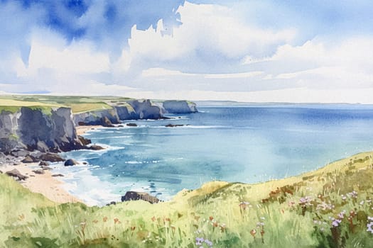 Watercolour fine art coastal painting of the English coast, romantic seaside in soft pastel colours, evoking a sense of tranquility and natural beauty, printable art design idea