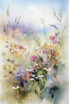 Fine art watercolour painting of the English countryside landscape with flowers, romantic nature evoking a sense of tranquility and natural beauty, printable art design idea