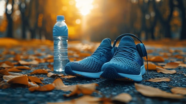 A pair of blue running shoes with bottle water and headphone.