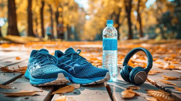 A pair of blue running shoes with bottle water and headphone.