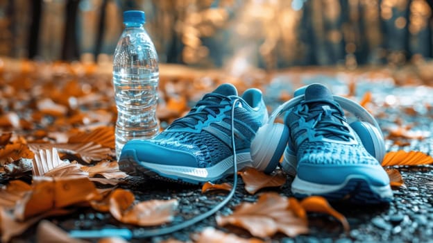 A pair of blue running shoes with bottle water and headphone.