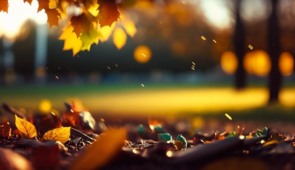 Abstract autumn scene and English country style house village on background, beautiful countryside nature with autumnal leaves and bokeh, post-processed, generative ai