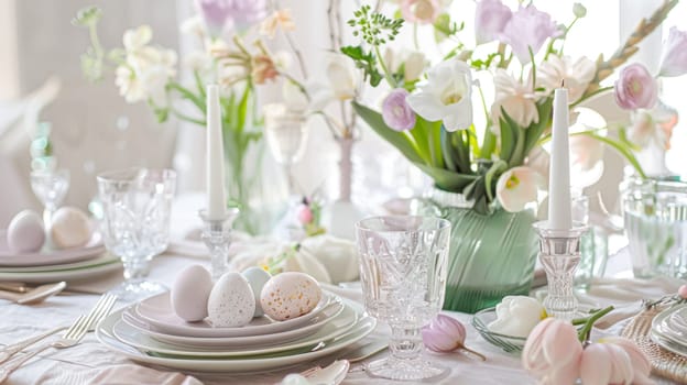 Easter tablescape decoration, floral holiday table decor for family celebration, spring flowers, Easter eggs, Easter bunny and vintage dinnerware, English country and home styling