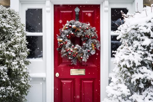 Christmas wreath and decoration on a classic red door on snowing winter holiday, Merry Christmas and Happy Holidays wishes, post-processed, generative ai