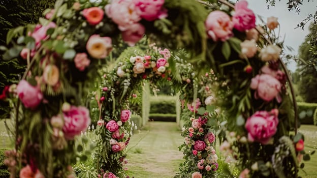 Wedding decoration with peonies, floral decor and event celebration, peony flowers and wedding ceremony in the garden, English country style