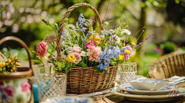 Easter tablescape decoration, floral holiday table decor for family celebration, spring flowers, Easter eggs, Easter bunny and vintage dinnerware, English country and home styling