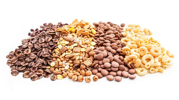 Assortment of cereal, grains, muesli or oats for healthy breakfast, organic farm market product isolated on white background