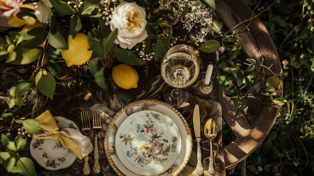 Table decor with fruits in citrus garden, holiday tablescape and dinner table setting, formal event decoration for wedding, family celebration, English country and home styling
