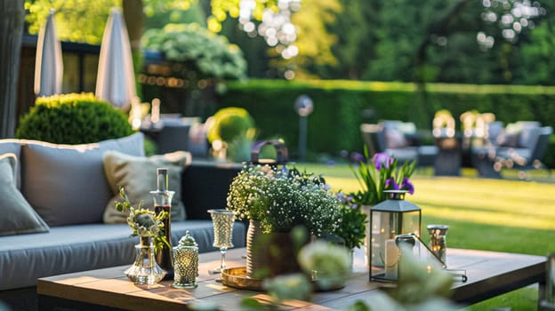 Summer party celebration in the garden, outdoor lounge and countryside house patio decor, English country cottage house design idea