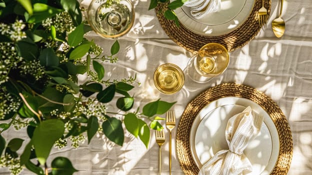 Table decor in a summer garden, holiday tablescape and dinner table setting, formal event decoration for wedding, family celebration, English country and home styling idea