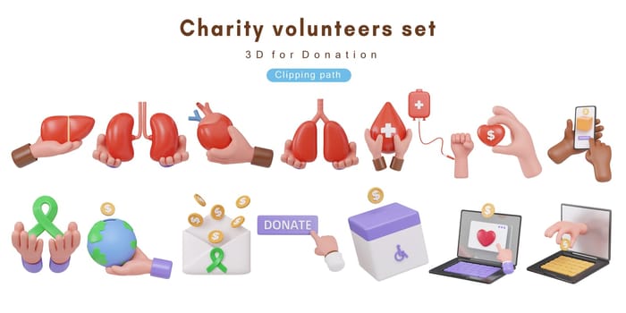 3d Donation and Charity Volunteer Set 3D. Concept of generosity, charity and Help Others.