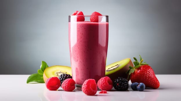 Fresh strawberry smoothie with kiwi and berries in a tall glass on a white table. Made with fresh strawberries, kiwi, yogurt, perfect for breakfast or snack, full of fruits and vegetables.