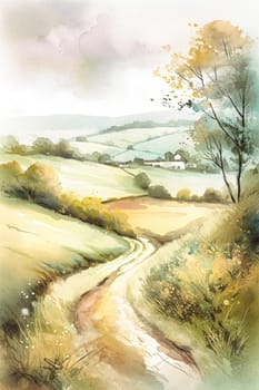 Fine art watercolour painting of the English countryside landscape, romantic nature evoking a sense of tranquility and natural beauty, printable art design idea