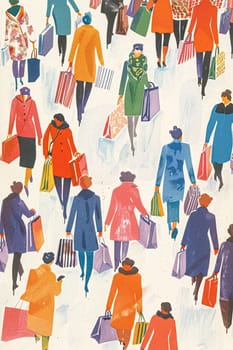 Retro watercolour painting of a women walking while carrying shopping bags, shop and retail idea